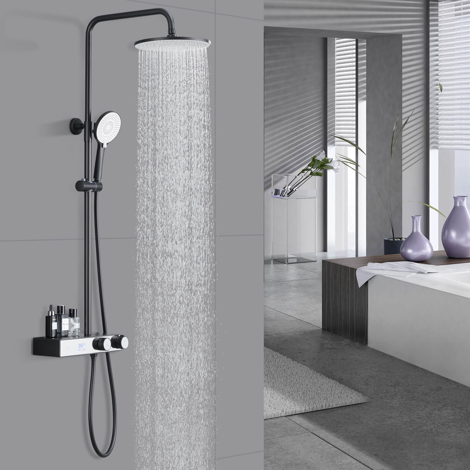 Homelody Shower Column Black with Digital Display LED 3-Mode Shower System Hand Shower and 10in Head Shower
