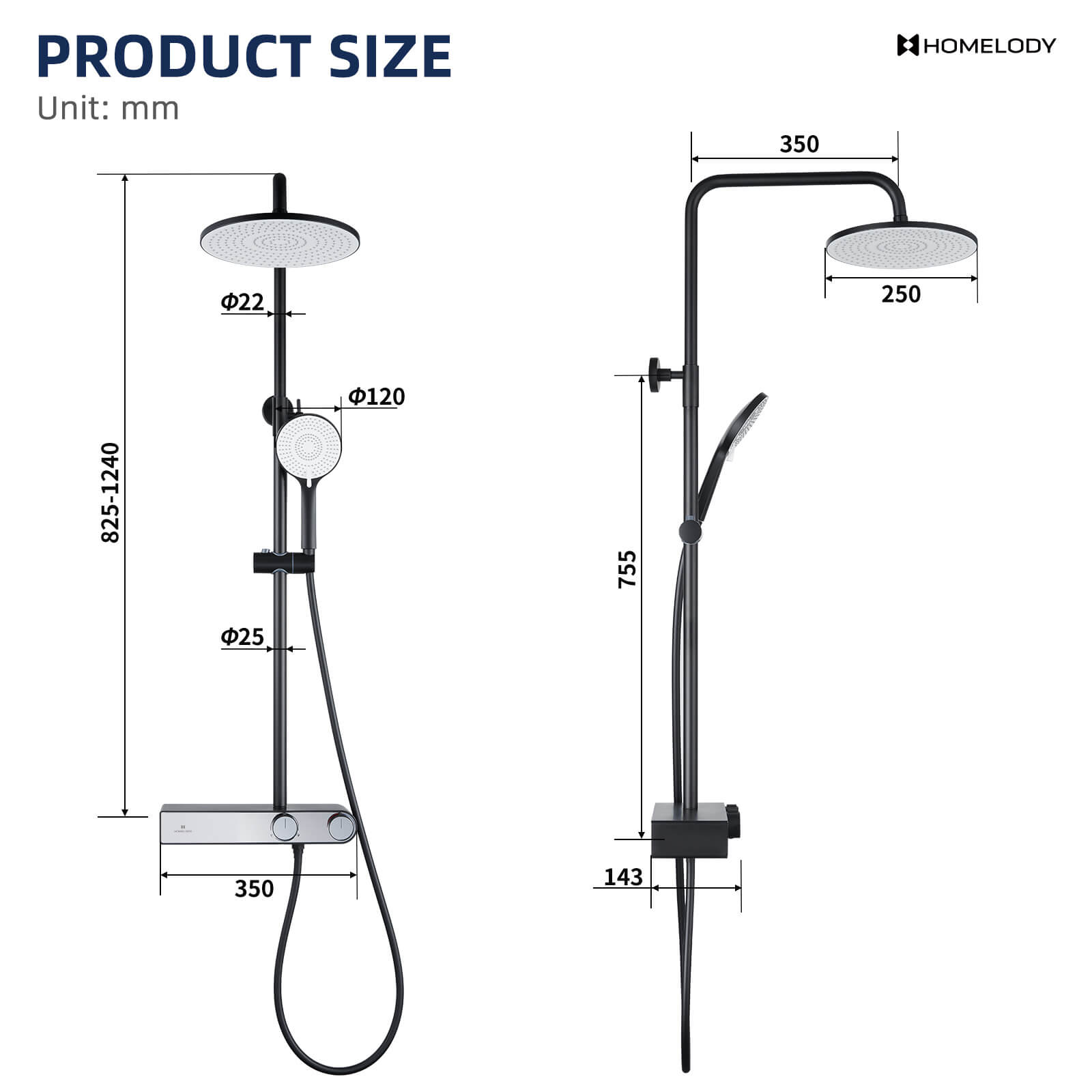 Homelody Shower Column Black with Digital Display LED 3-Mode Shower System Hand Shower and 10in Head Shower