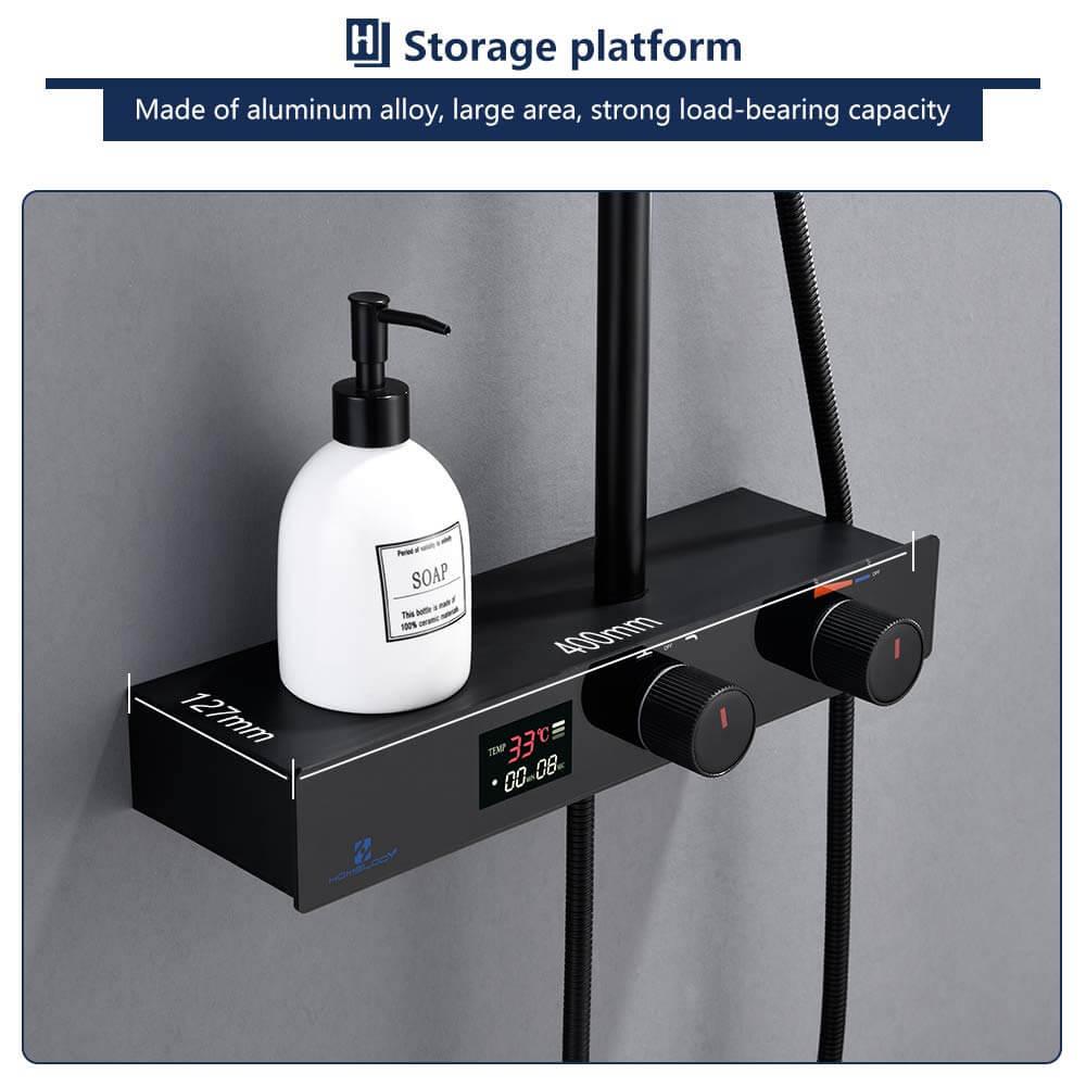 Homelody Black Shower System with LED Digital Display Storage Shelf - roxiedaisyuk