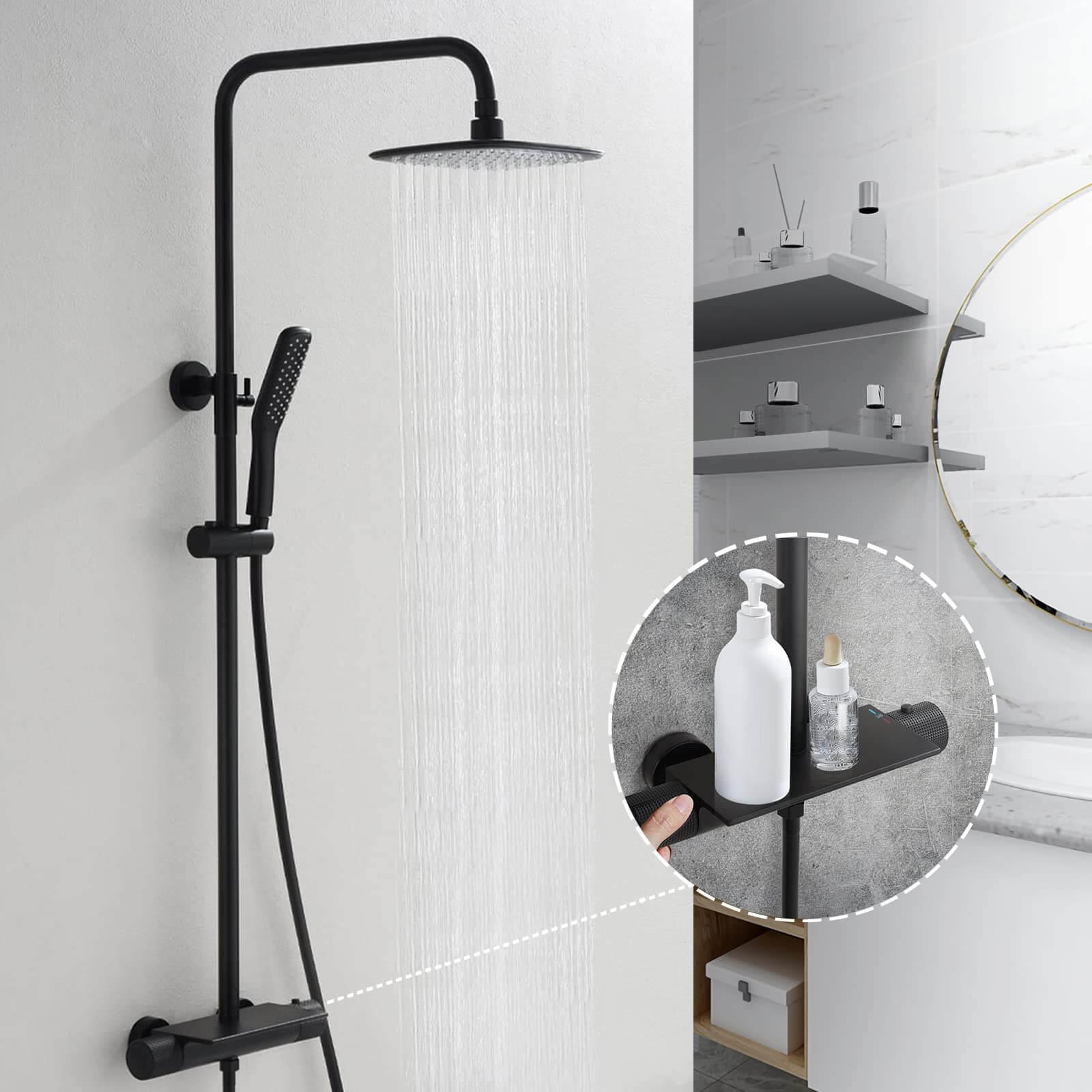 AiHom Modern Black Thermostatic Brass Shower Set with Shelf - roxiedaisyuk